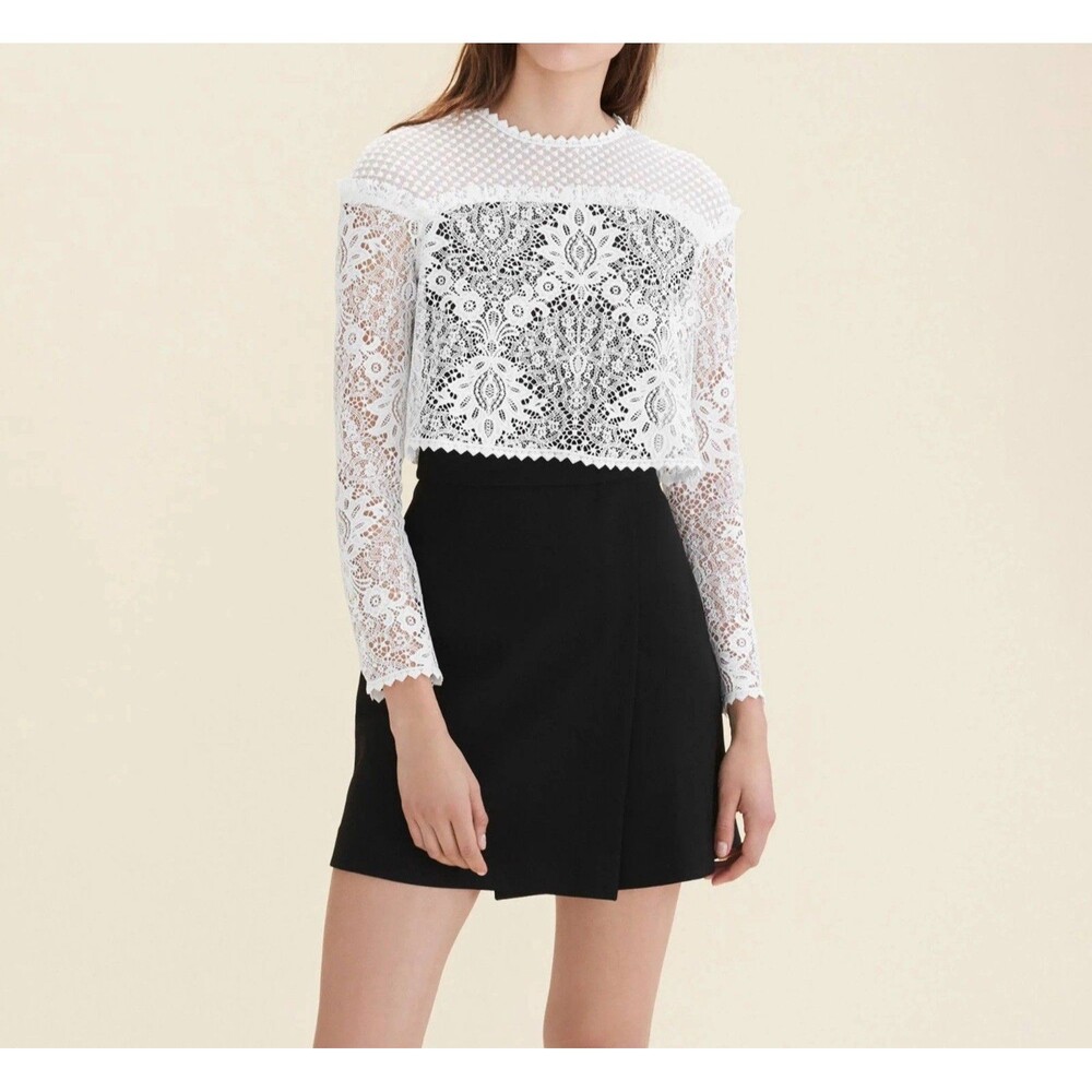 Maje Trompe L’Oeil Lace & Crepe Long Sleeve Mini Dress Size T2 (US 4-6) NWT $480